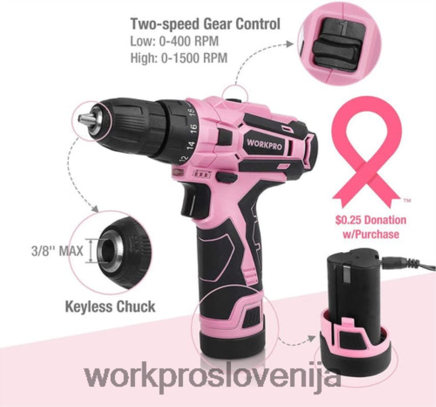WORKPRO 106-delni komplet orodja & 6-delni magnetni izvijači & komplet 12-voltnega akumulatorskega vrtalnika & pištola za sponke 6-v-1 4V0B84312 orodje roza