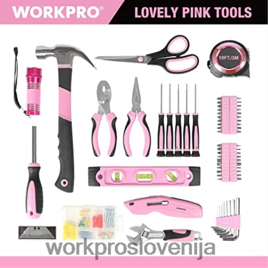 WORKPRO 106-delni komplet orodja & 6-delni magnetni izvijači & komplet 12-voltnega akumulatorskega vrtalnika & pištola za sponke 6-v-1 4V0B84312 orodje roza
