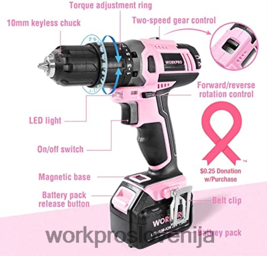 WORKPRO Komplet akumulatorskih vrtalnih vijačnikov 20 V & 6-delne mini klešče & 10-delni komplet orodja & akumulatorska lepilna pištola 4V0B84316 orodje roza