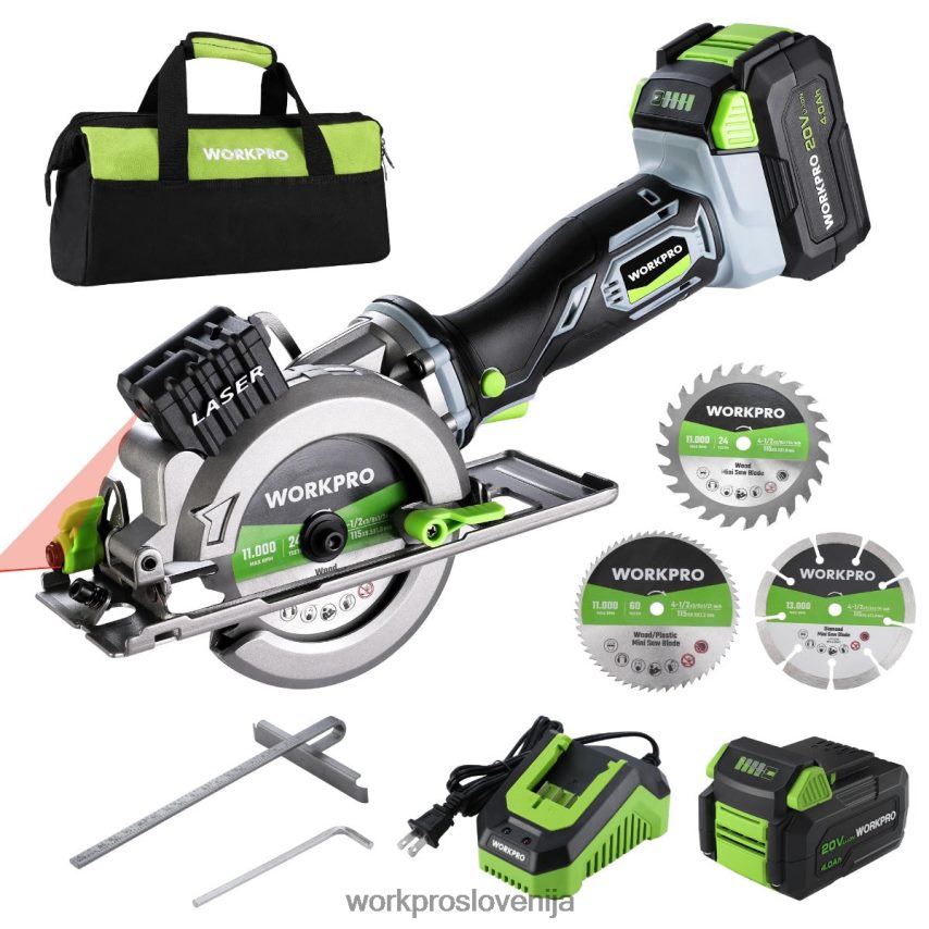 WORKPRO kompaktna akumulatorska mini krožna žaga, 20v 4,0ah baterija, hitri polnilec, 3 žagini listi, 4500 vrt/min 4V0B84186 orodje koristno