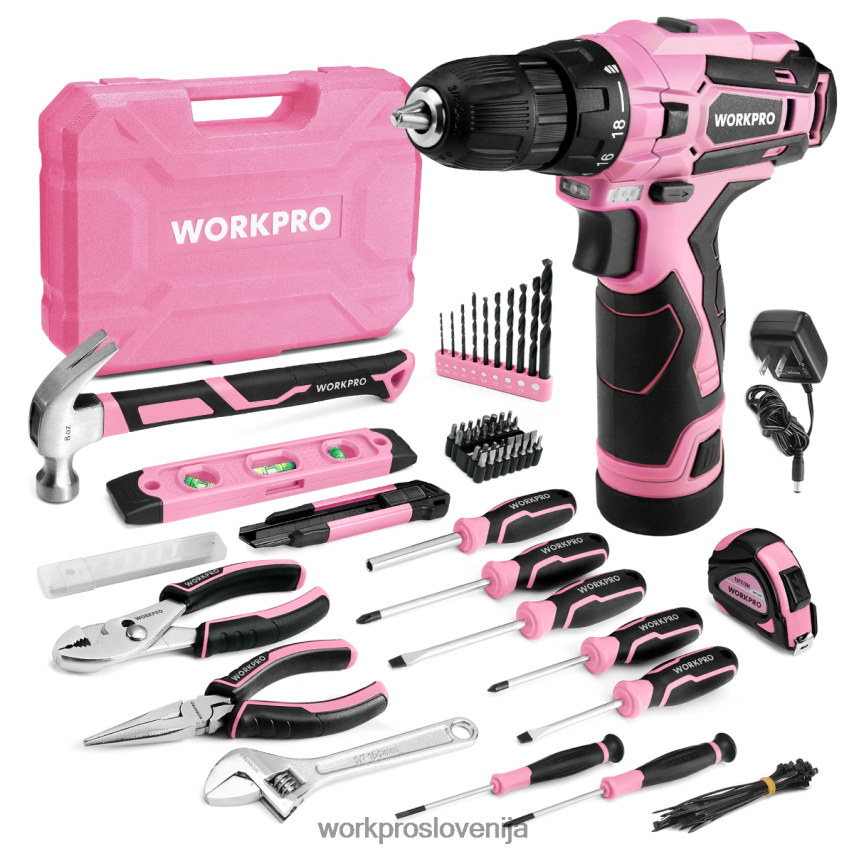 WORKPRO 108-delni prenosni komplet orodja z električnim vrtalnikom 4V0B84173 orodje roza/siva