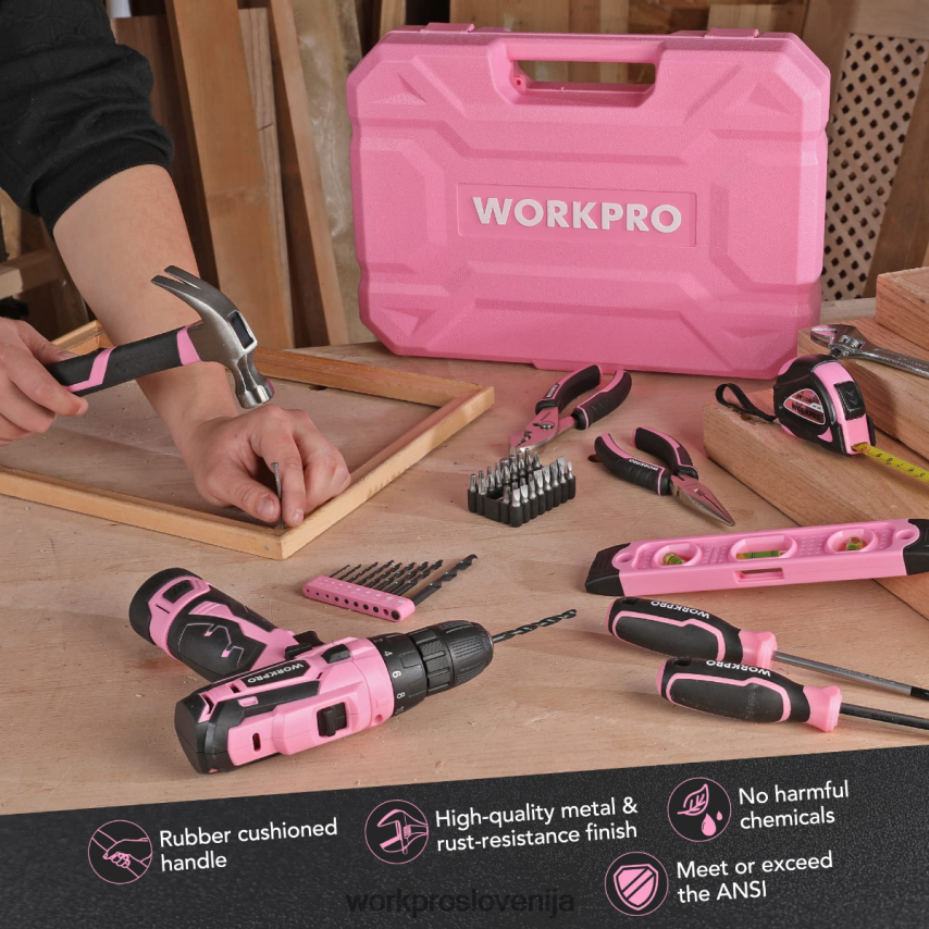 WORKPRO 108-delni prenosni komplet orodja z električnim vrtalnikom 4V0B84173 orodje roza/siva