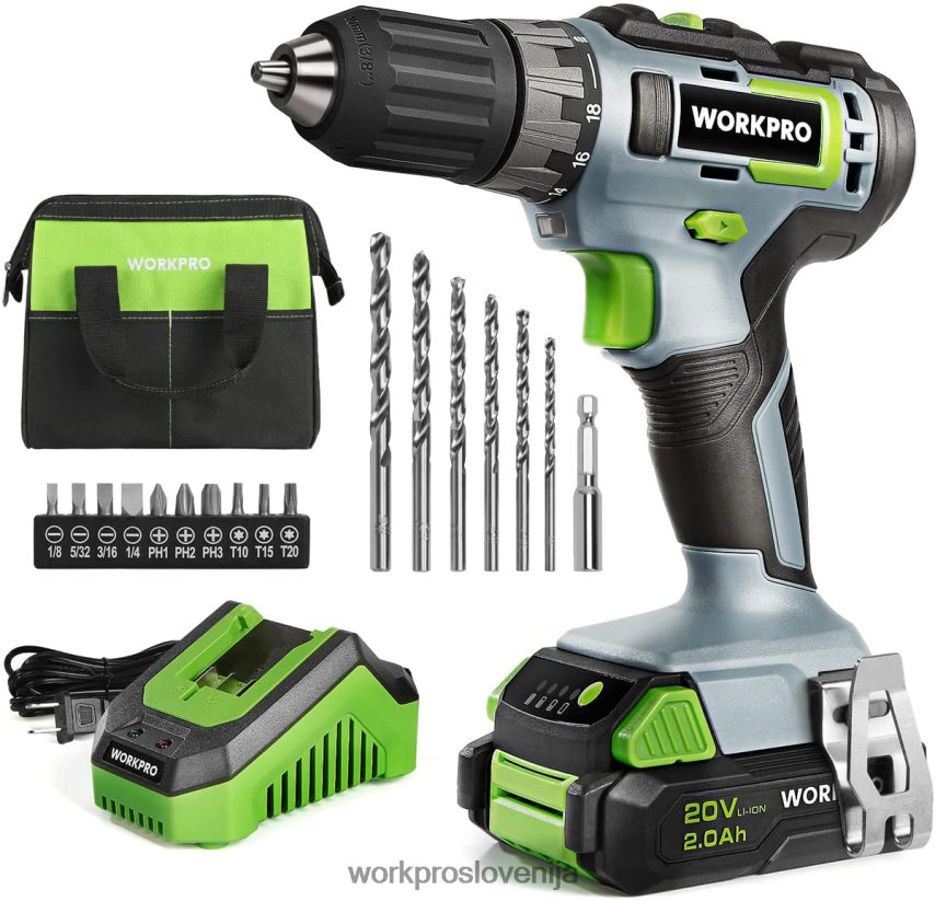 WORKPRO 20 V komplet akumulatorskega vrtalnika, 2,0 ah li-ionska baterija, 1 urni hitri polnilnik in 11-palčna torba za shranjevanje vključena 4V0B84176 orodje zelena