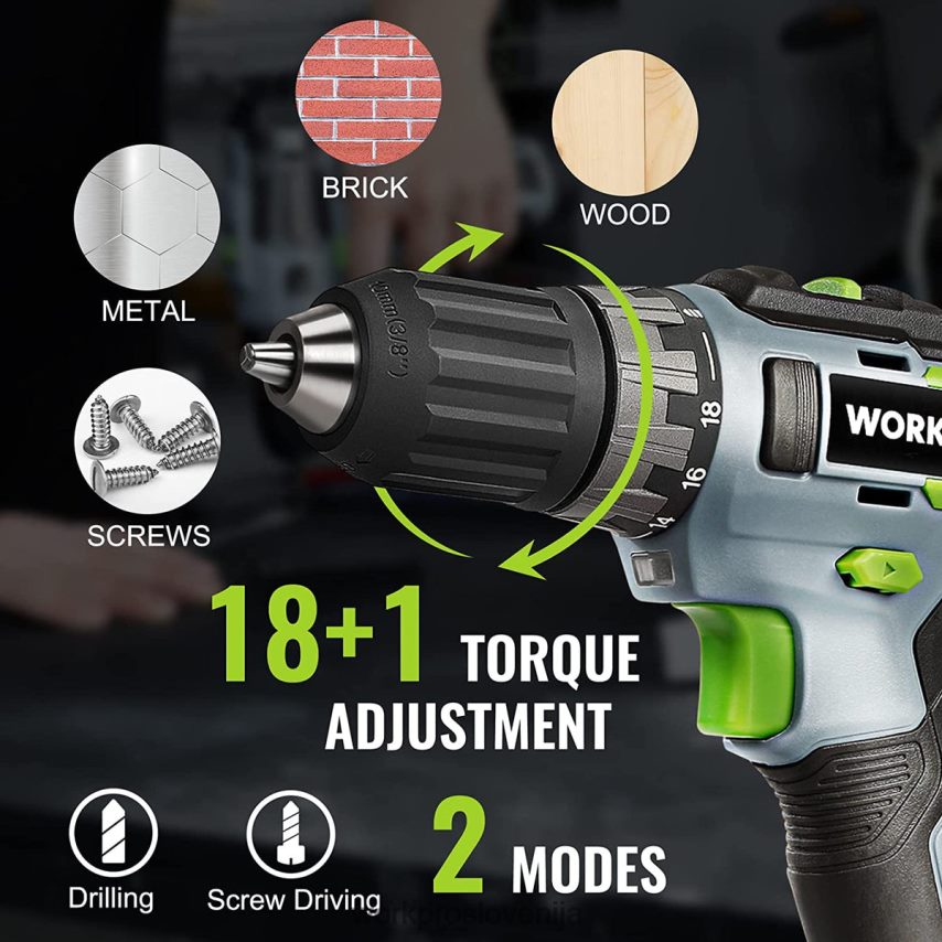 WORKPRO 20 V komplet akumulatorskega vrtalnika, 2,0 ah li-ionska baterija, 1 urni hitri polnilnik in 11-palčna torba za shranjevanje vključena 4V0B84176 orodje zelena