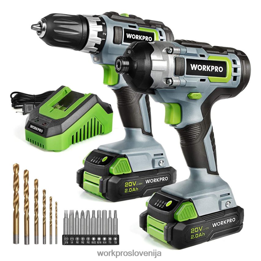 WORKPRO Kombinirani komplet akumulatorskih vrtalnih vijačnikov 20 V, vrtalni vijačnik in udarni vijačnik z 2 baterijama 2,0 ah in 1-urnim hitrim polnilnikom 4V0B84169 orodje koristno