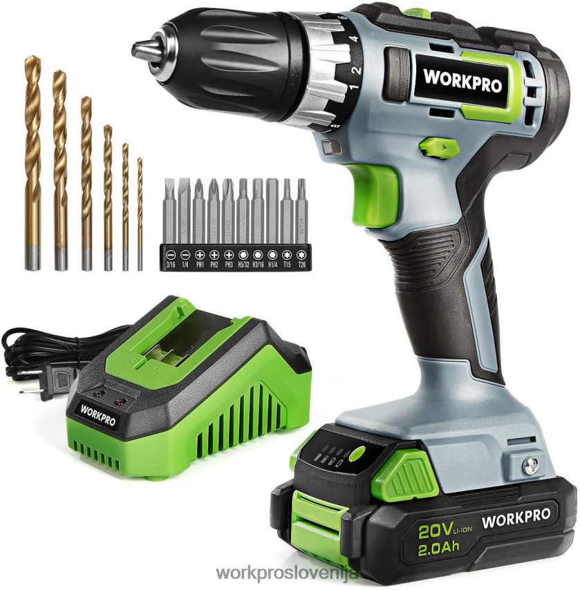 WORKPRO Komplet akumulatorskega vrtalnika/vijačnika s spremenljivo hitrostjo 20 V, nastavitev navora 18+2, 2,0 ah li-ionska baterija in 1-urni hitri polnilnik 4V0B84172 orodje morden