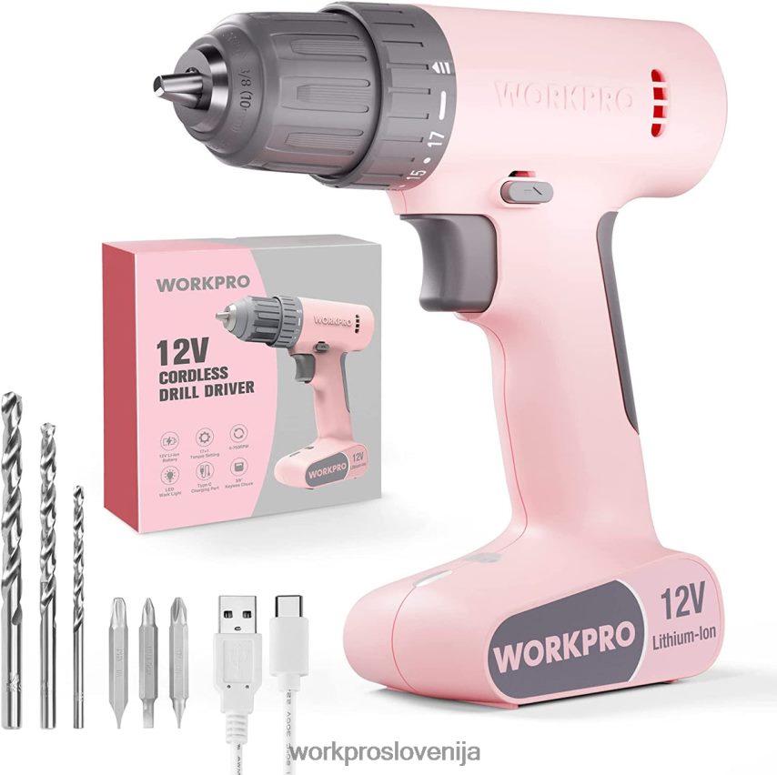 WORKPRO Komplet akumulatorskih vrtalnih vijačnikov 12 V s 6 nastavki, 3/8-palčna hitrovpenjalna glava, spremenljiva hitrost, nastavitev 18 touque 4V0B84175 orodje roza/bela