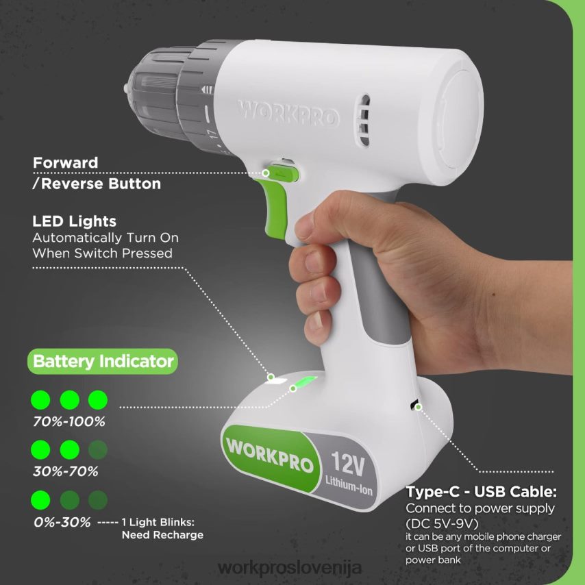 WORKPRO Komplet akumulatorskih vrtalnih vijačnikov 12 V s 6 nastavki, 3/8-palčna hitrovpenjalna glava, spremenljiva hitrost, nastavitev 18 touque 4V0B84175 orodje roza/bela