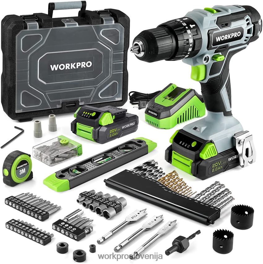 WORKPRO Komplet akumulatorskih vrtalnih vijačnikov 20v max, električno udarno vrtalno orodje s 102-delnimi dodatki, 2 x 2,0ah li-ionski bateriji s hitrim polnilcem 4V0B84170 orodje uporaben