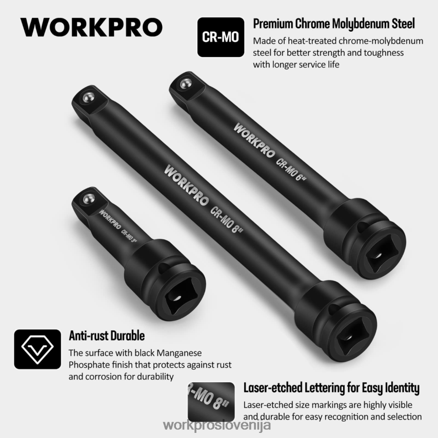 WORKPRO 3-delni kompleti udarnih podaljškov za 3, 6, 8 in 1/2 palca 4V0B84202 orodje uporaben