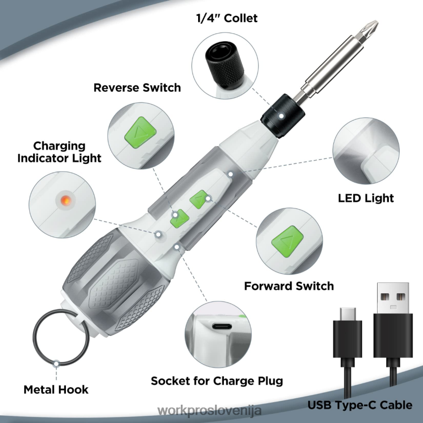 WORKPRO Komplet izvijačev z brezžično 4v usb polnilno litij-ionsko baterijo 4V0B84236 orodje roza/bela