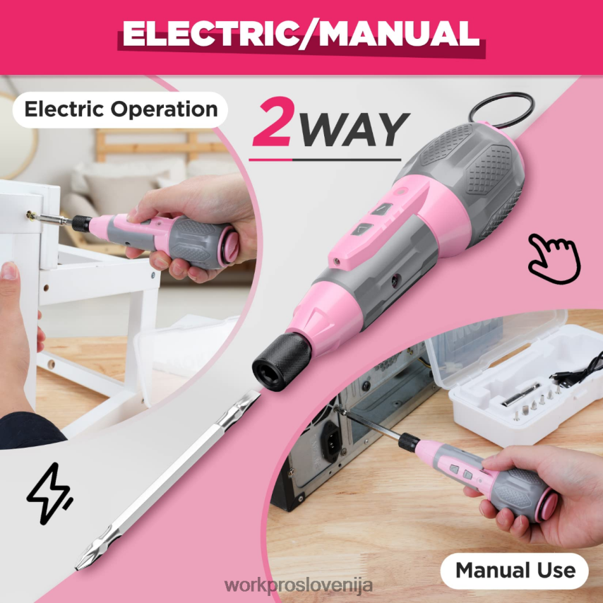 WORKPRO Komplet izvijačev z brezžično 4v usb polnilno litij-ionsko baterijo 4V0B84236 orodje roza/bela