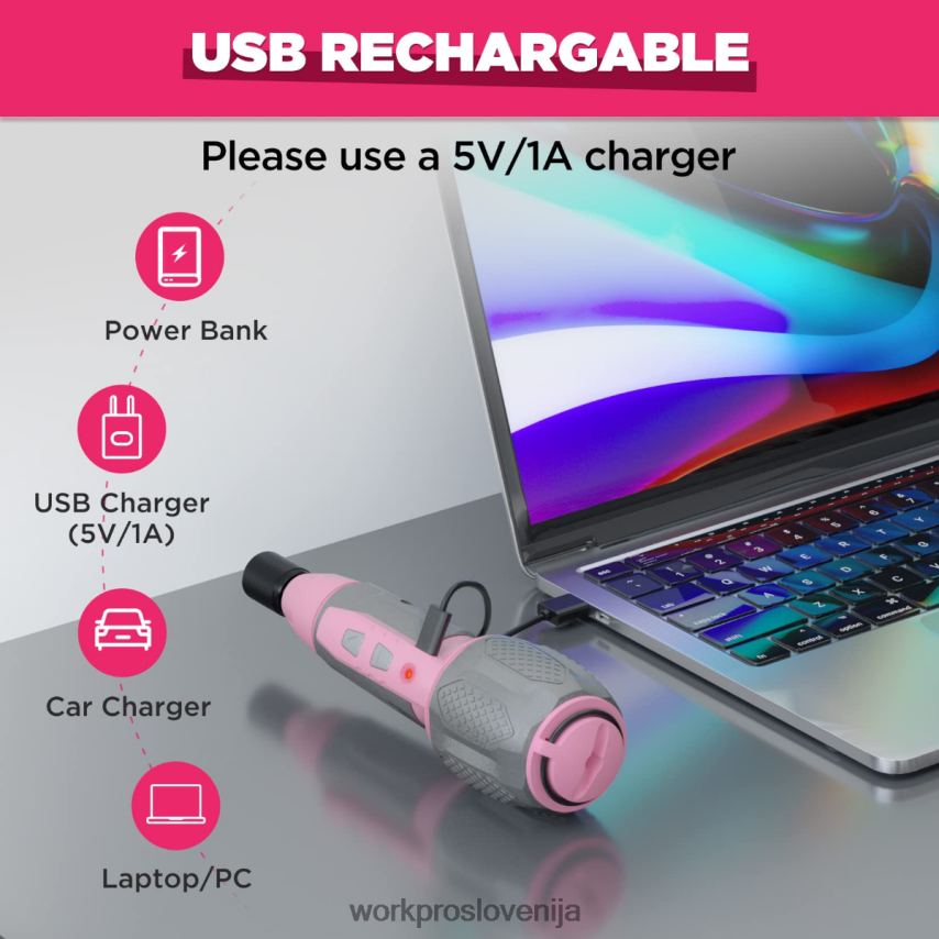WORKPRO Komplet izvijačev z brezžično 4v usb polnilno litij-ionsko baterijo 4V0B84236 orodje roza/bela