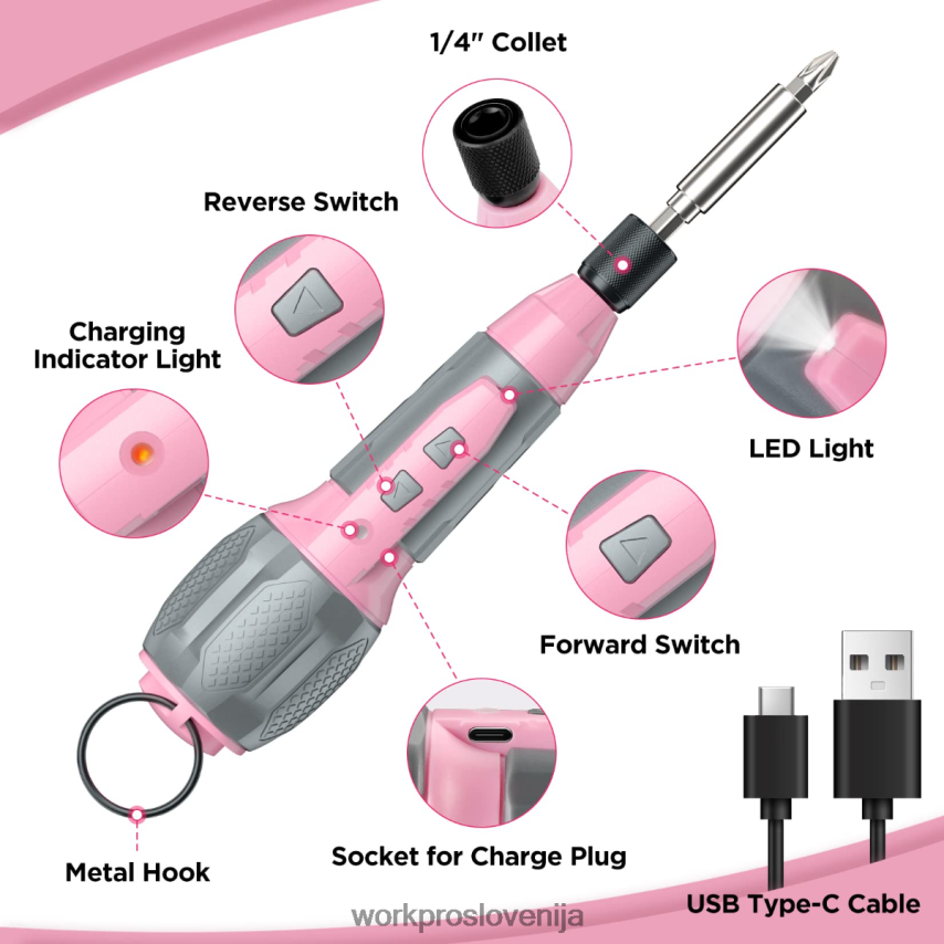 WORKPRO Komplet izvijačev z brezžično 4v usb polnilno litij-ionsko baterijo 4V0B84236 orodje roza/bela