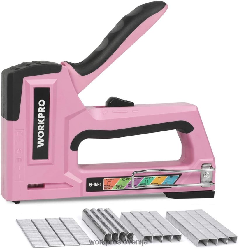 WORKPRO 6-v-1 ročna pištola za žeblje Brad, spenjalnik za oblazinjenje 4V0B8459 orodje roza/siva