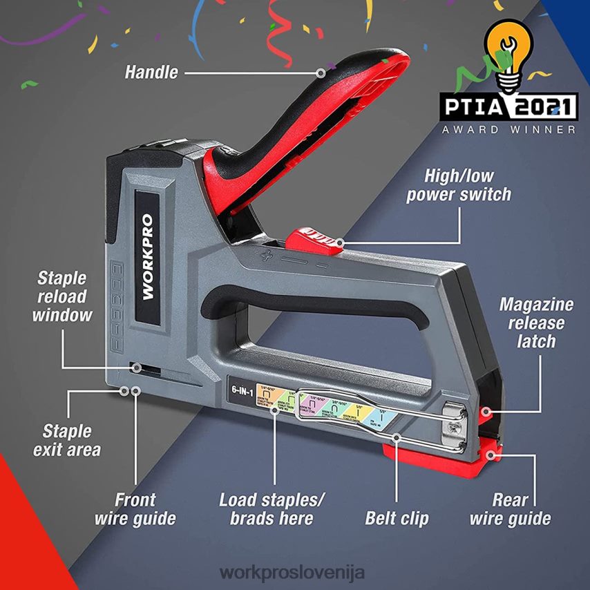 WORKPRO 6-v-1 ročna pištola za žeblje Brad, spenjalnik za oblazinjenje 4V0B8459 orodje roza/siva