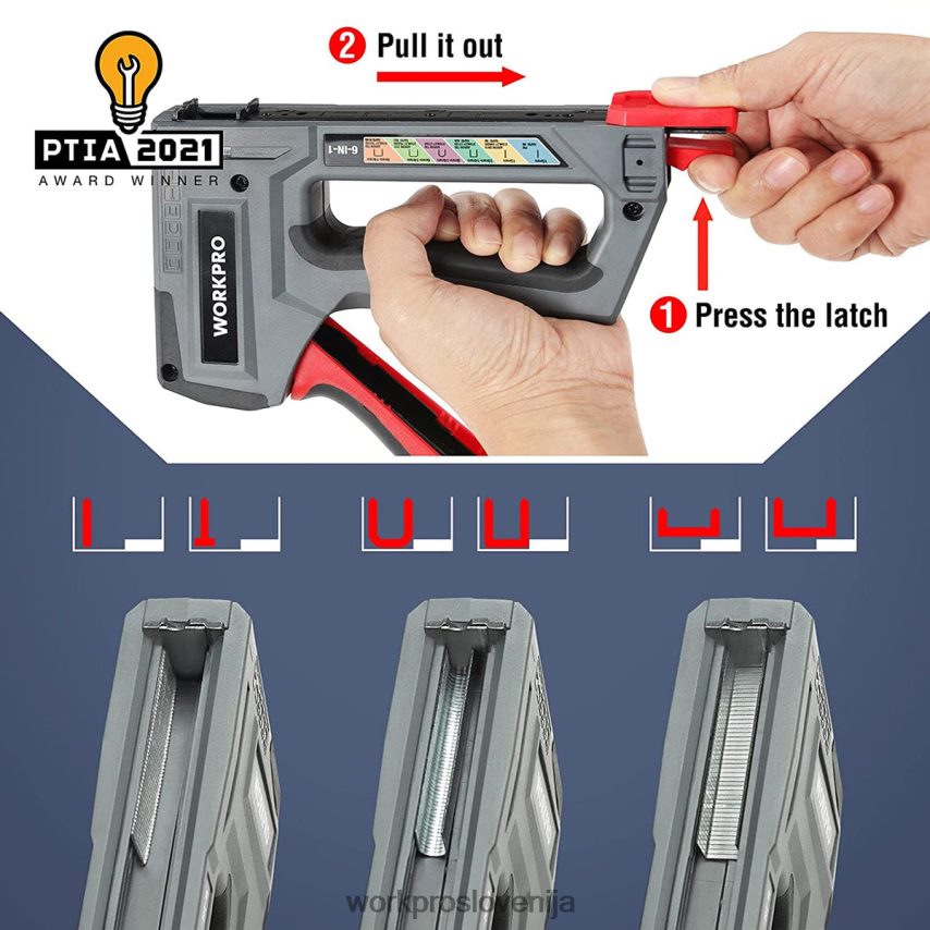 WORKPRO 6-v-1 ročna pištola za žeblje Brad, spenjalnik za oblazinjenje 4V0B8459 orodje roza/siva
