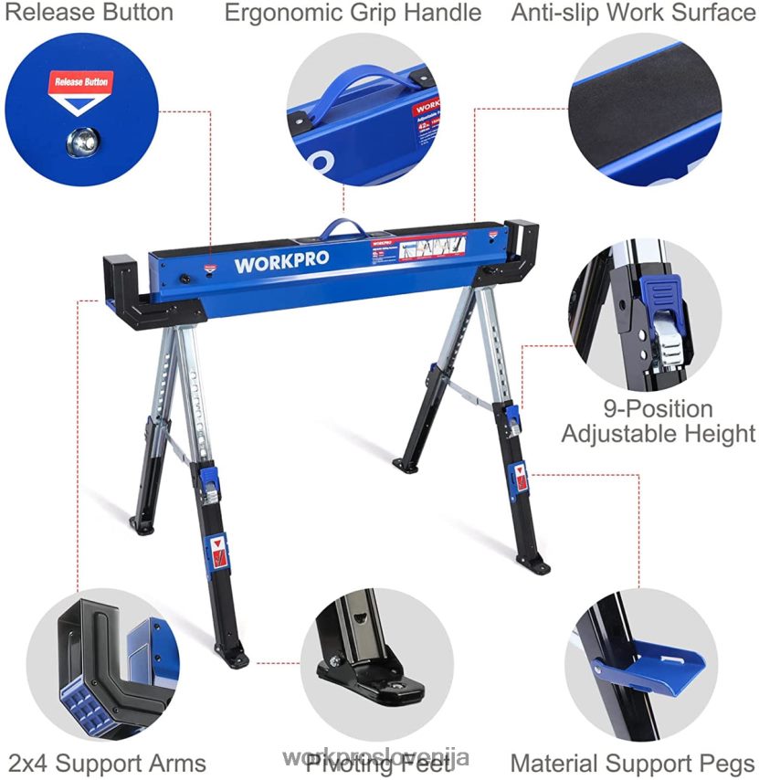 WORKPRO 2 kosa zložljivega konja za žago, nastavljivega konja za žago, z 2x4 podpornimi rokami, nosilnostjo 3000 lbs, nogami, nastavljivimi po višini 24-32 palcev, vrtljivimi nogami in podpornimi klin