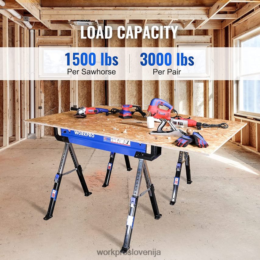 WORKPRO 2 kosa zložljivega konja za žago, nastavljivega konja za žago, z 2x4 podpornimi rokami, nosilnostjo 3000 lbs, nogami, nastavljivimi po višini 24-32 palcev, vrtljivimi nogami in podpornimi klin
