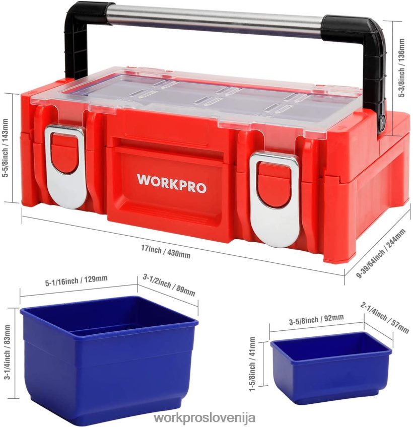 WORKPRO 17-palčna plastična škatla za orodje, škatla za shranjevanje s pokrovom za zaklepanje in ročajem iz nerjavečega jekla 4V0B8425 shranjevanje rdeča