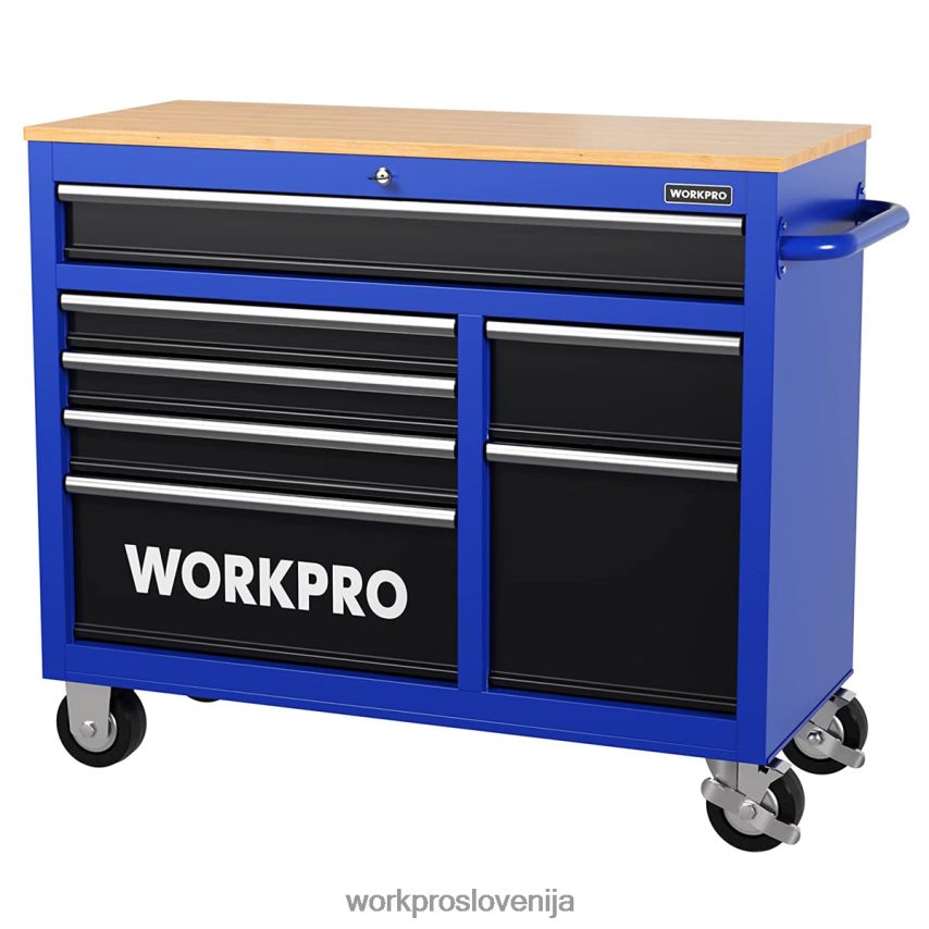 WORKPRO 42-palčna skrinja za orodje s 7 predali in lesenim vrhom, opremljena s kolesi, ročajem, oblogo predala in sistemom za zaklepanje, nosilnost 1000 lbs 4V0B8426 shranjevanje novo