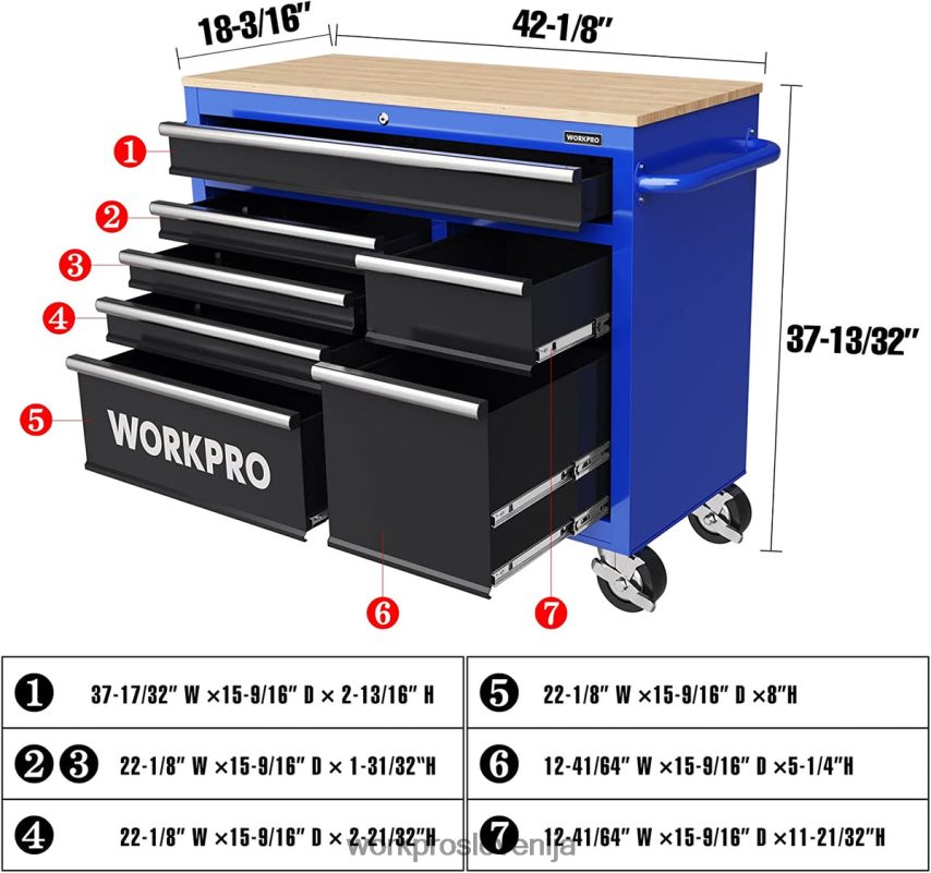 WORKPRO 42-palčna skrinja za orodje s 7 predali in lesenim vrhom, opremljena s kolesi, ročajem, oblogo predala in sistemom za zaklepanje, nosilnost 1000 lbs 4V0B8426 shranjevanje novo