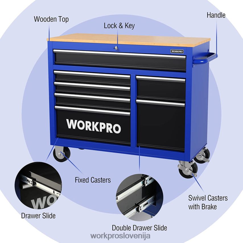 WORKPRO 42-palčna skrinja za orodje s 7 predali in lesenim vrhom, opremljena s kolesi, ročajem, oblogo predala in sistemom za zaklepanje, nosilnost 1000 lbs 4V0B8426 shranjevanje novo