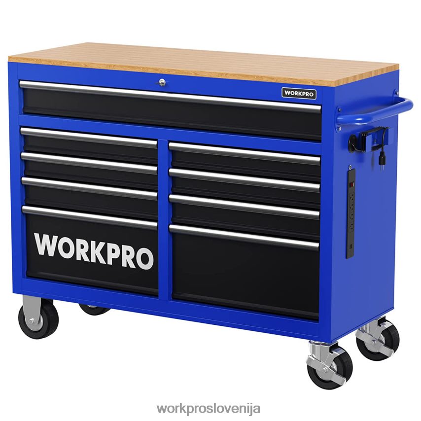 WORKPRO 46-palčna vrtljiva skrinja za orodje z 9 predali z lesenim vrhom, opremljena s kolesi, ročajem, oblogo predala in sistemom za zaklepanje, nosilnost 1200 lbs 4V0B8415 shranjevanje morden