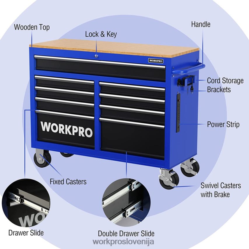 WORKPRO 46-palčna vrtljiva skrinja za orodje z 9 predali z lesenim vrhom, opremljena s kolesi, ročajem, oblogo predala in sistemom za zaklepanje, nosilnost 1200 lbs 4V0B8415 shranjevanje morden