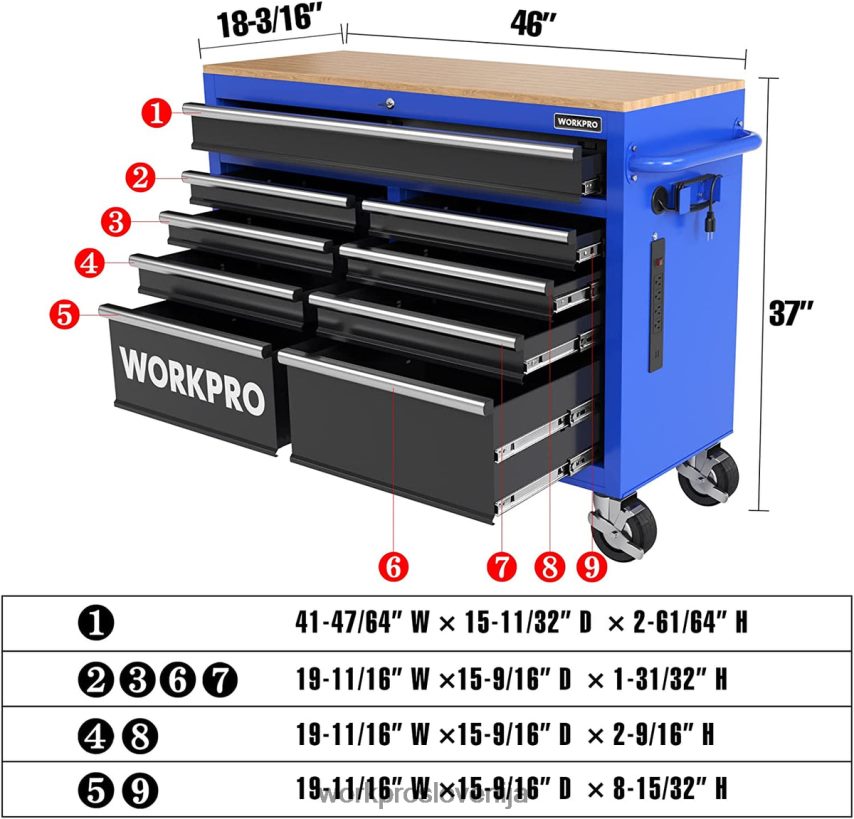 WORKPRO 46-palčna vrtljiva skrinja za orodje z 9 predali z lesenim vrhom, opremljena s kolesi, ročajem, oblogo predala in sistemom za zaklepanje, nosilnost 1200 lbs 4V0B8415 shranjevanje morden
