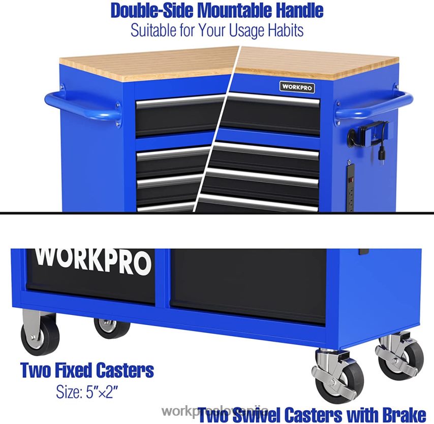 WORKPRO 46-palčna vrtljiva skrinja za orodje z 9 predali z lesenim vrhom, opremljena s kolesi, ročajem, oblogo predala in sistemom za zaklepanje, nosilnost 1200 lbs 4V0B8415 shranjevanje morden