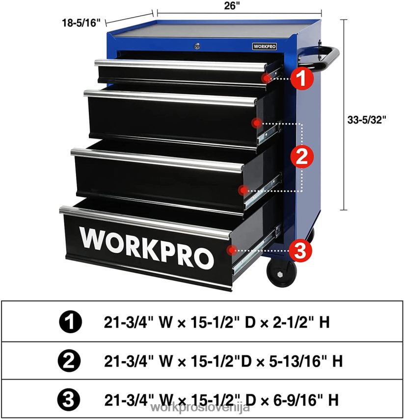 WORKPRO Skrinja za orodje s 4 predali, 26-palčna omara za shranjevanje orodja iz valjane kovine s kolesi, sistem zaklepanja, podloga predala, nosilnost 450 lbs 4V0B8417 shranjevanje morden