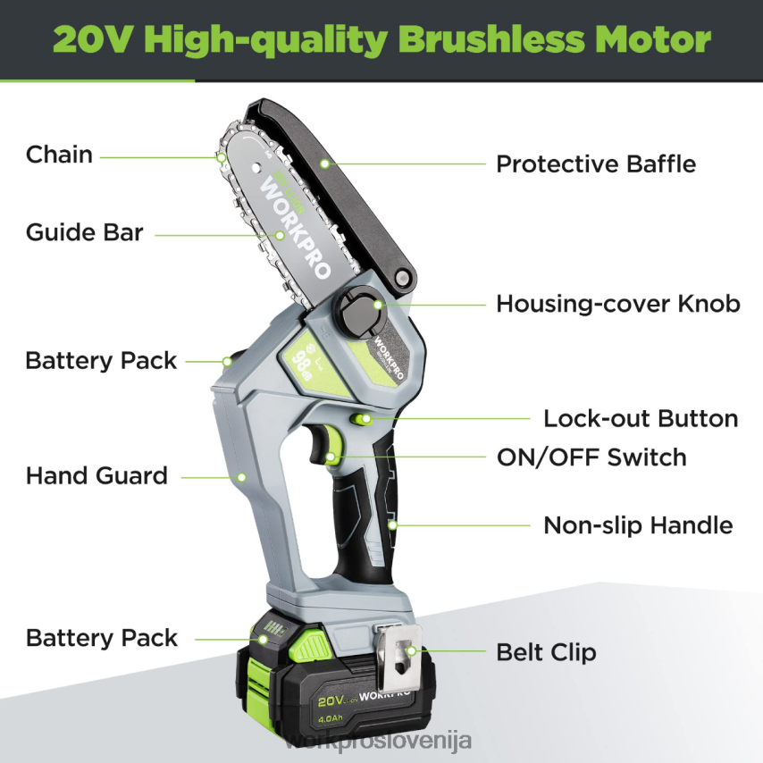 WORKPRO 20 V brezkrtačna akumulatorska kompaktna motorna žaga z baterijo 4,0 ah in nadomestno verigo 4V0B84298 orodje morden