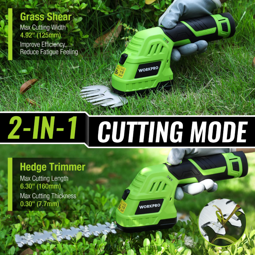WORKPRO 2 v 1 12 V električne brezžične škarje za živo mejo in ročne škarje za grmičevje z 2,0 ah polnilno litij-ionsko baterijo in 1-urnim hitrim polnilnikom 4V0B84301 orodje morden
