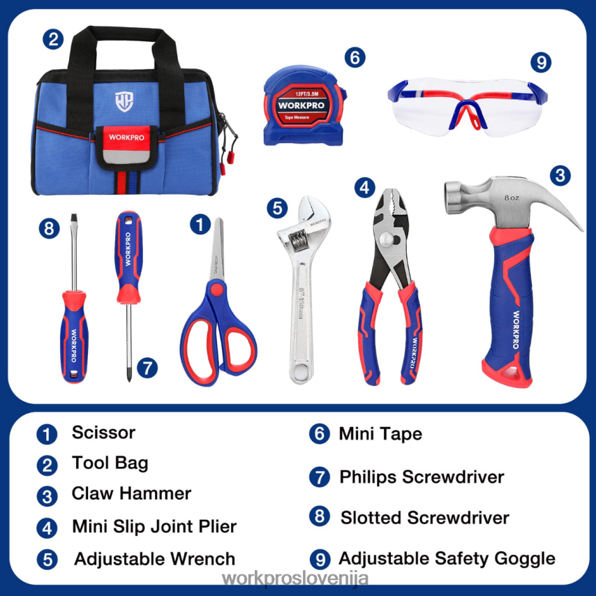 WORKPRO 9-delni otroški junior komplet orodja s torbo za orodje 4V0B84253 orodje roza/modra