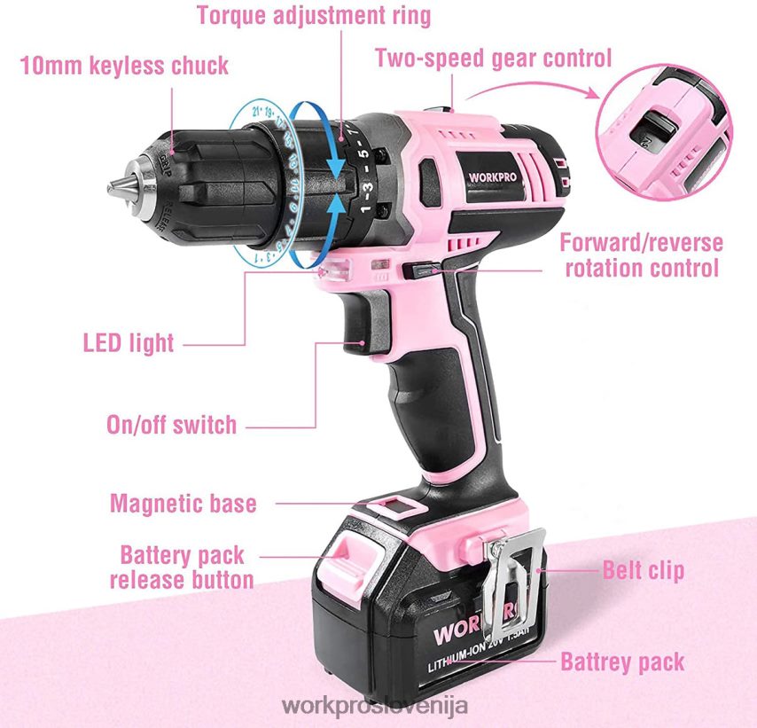 WORKPRO set akumulatorskih 20 V litij-ionskih vrtalnih vijačnikov 4V0B84262 orodje roza